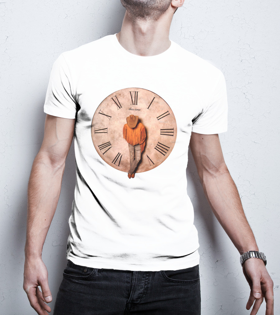 Cowboy Hat Fringed Jacket Leaning On Roman Numeral Clockface This Time T-Shirt