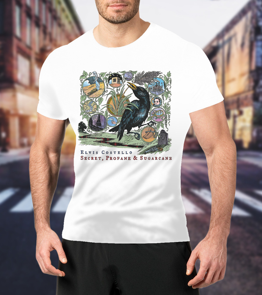 Elvis Costello Secret Profane And Sugarcane Blackbird And Icons T-Shirt