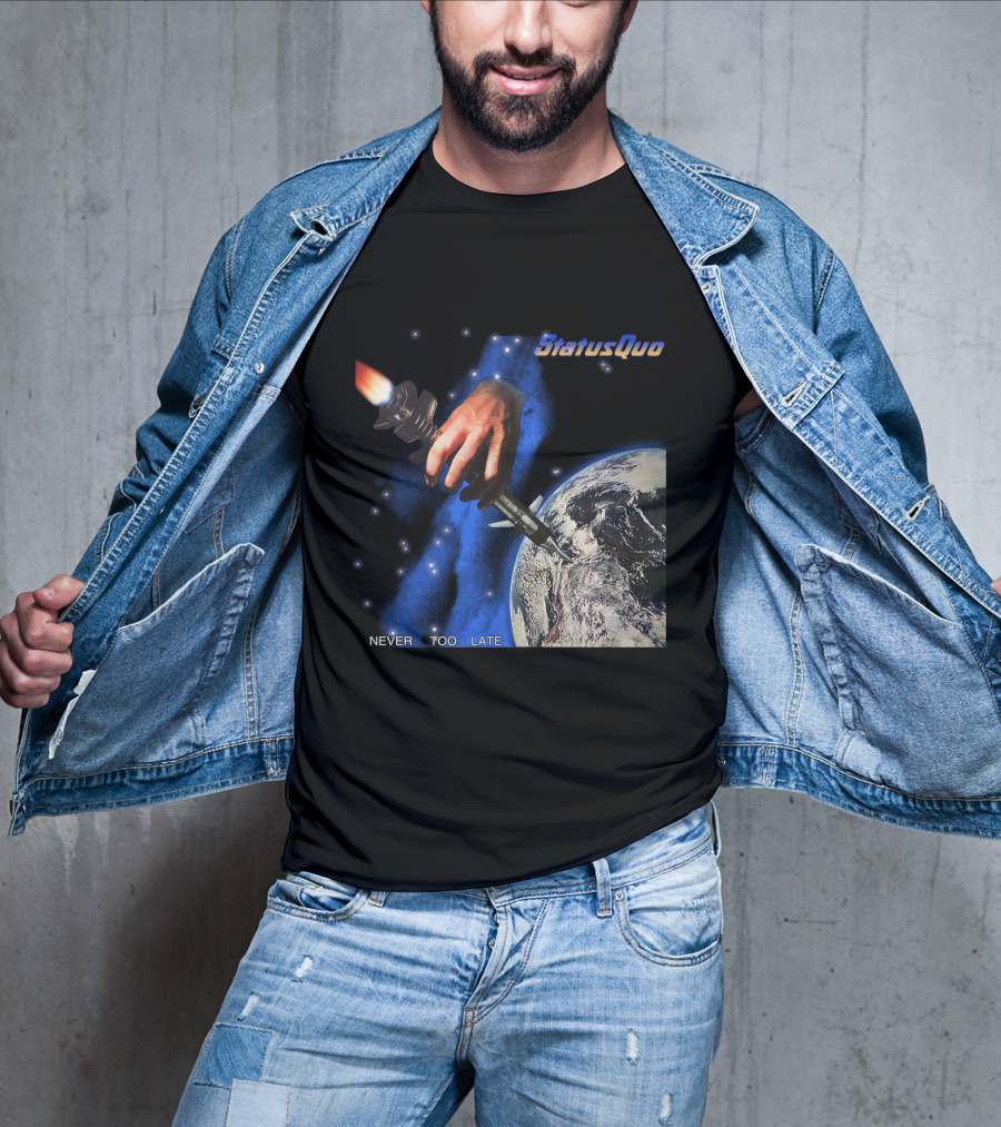 Status Quo Never Too Late Album Cover Space Hand Rocket Earth T-Shirt