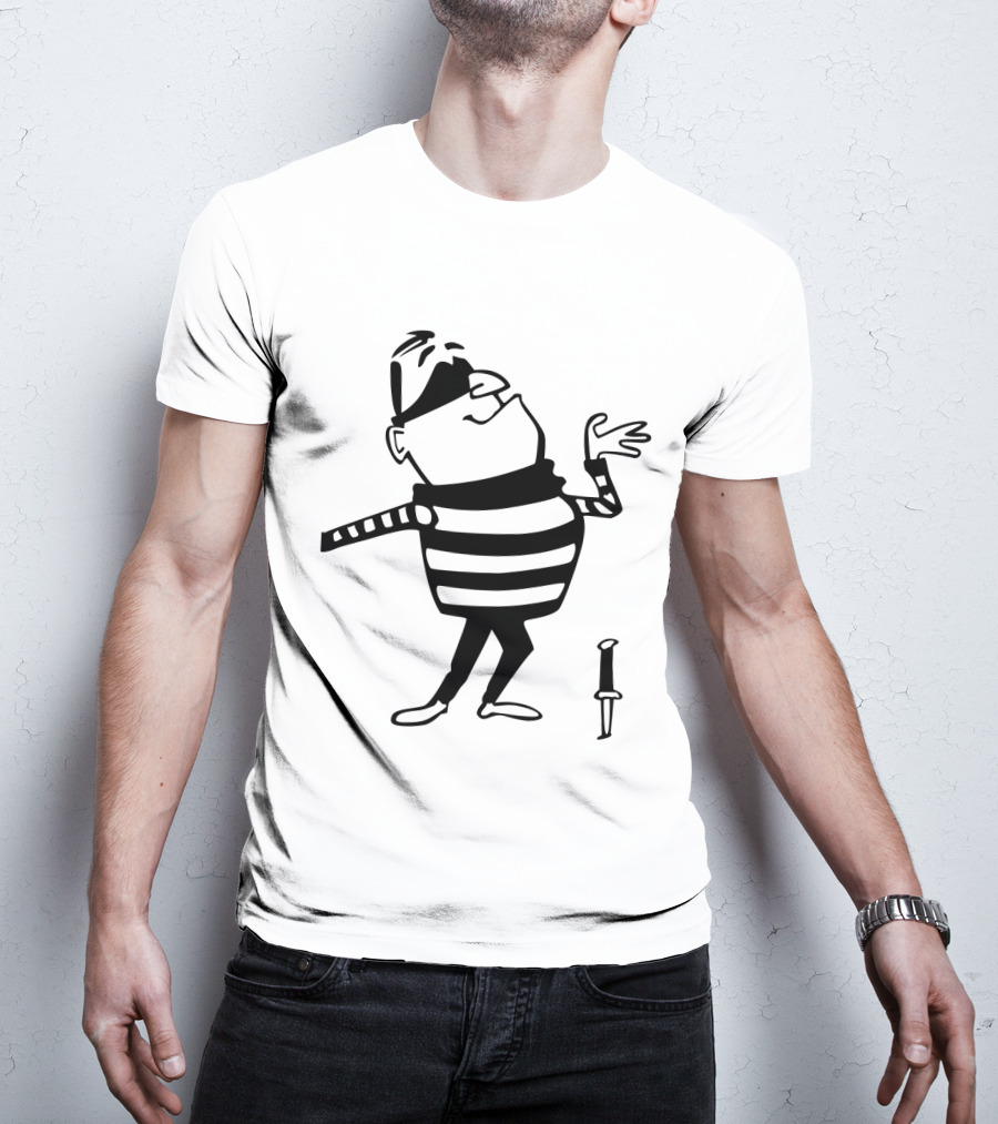 Burglar Cartoon Outline With Striped Shirt And Knife T-Shirt