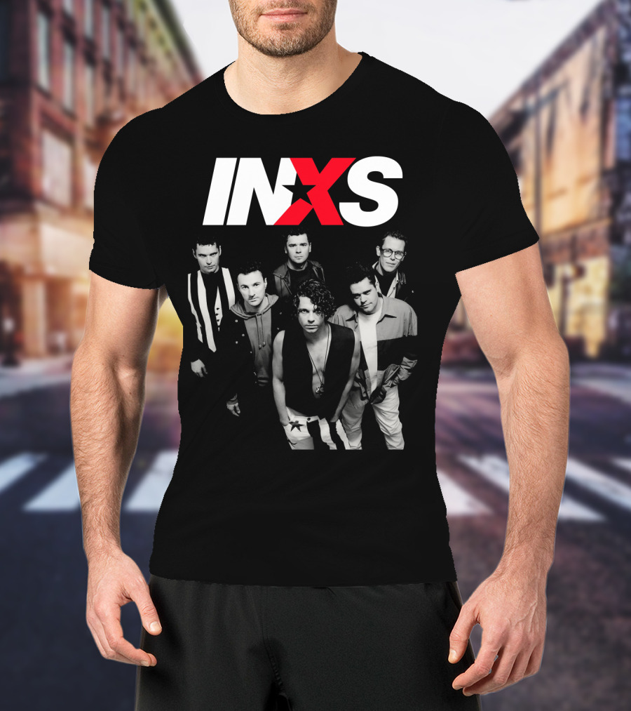 Inxs Band Black And White Group Photo With Red T-Shirt