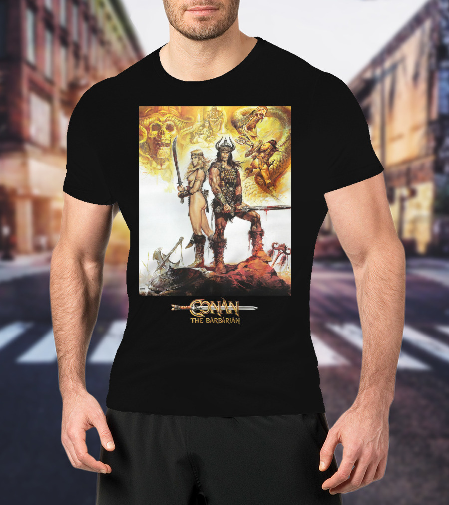 Conan The Barbarian Sword Skulls Warrior Fantasy Art T-Shirt