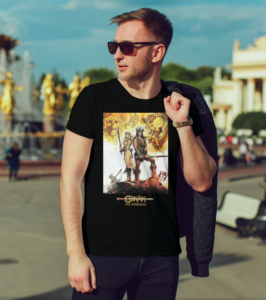 Conan The Barbarian Sword Skulls Warrior Fantasy Art T-Shirt