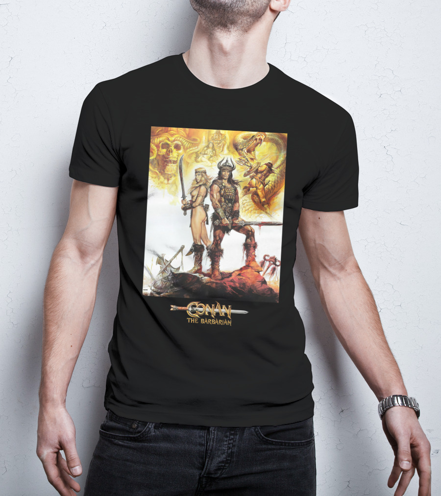 Conan The Barbarian Sword Skulls Warrior Fantasy Art T-Shirt
