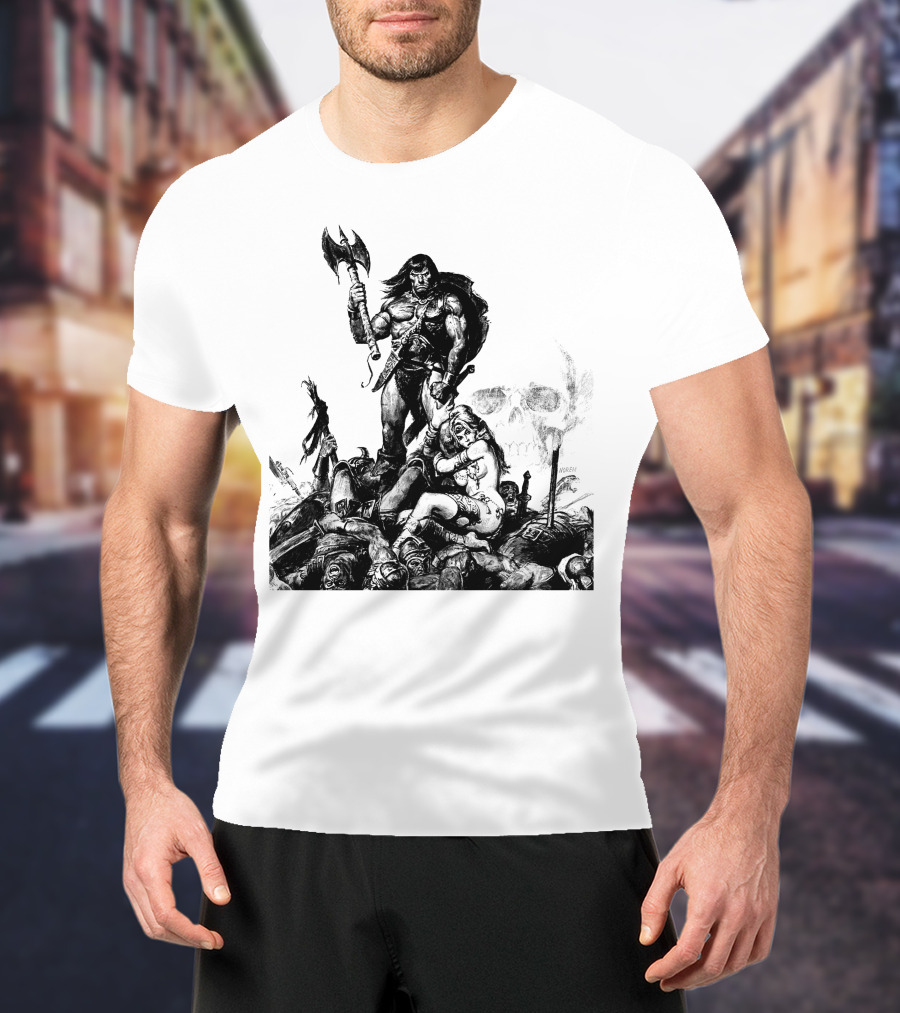 Conan Barbarian Warrior Standing On Battlefield With Axe And Skull In Background T-Shirt