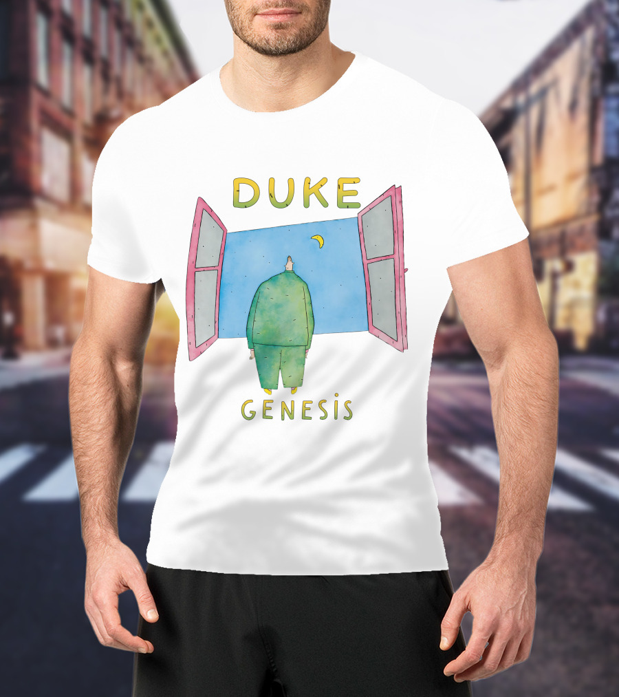 Duke Genesis Album Artwork Blue Figurine With Open Window And Crescent Moon T-Shirt