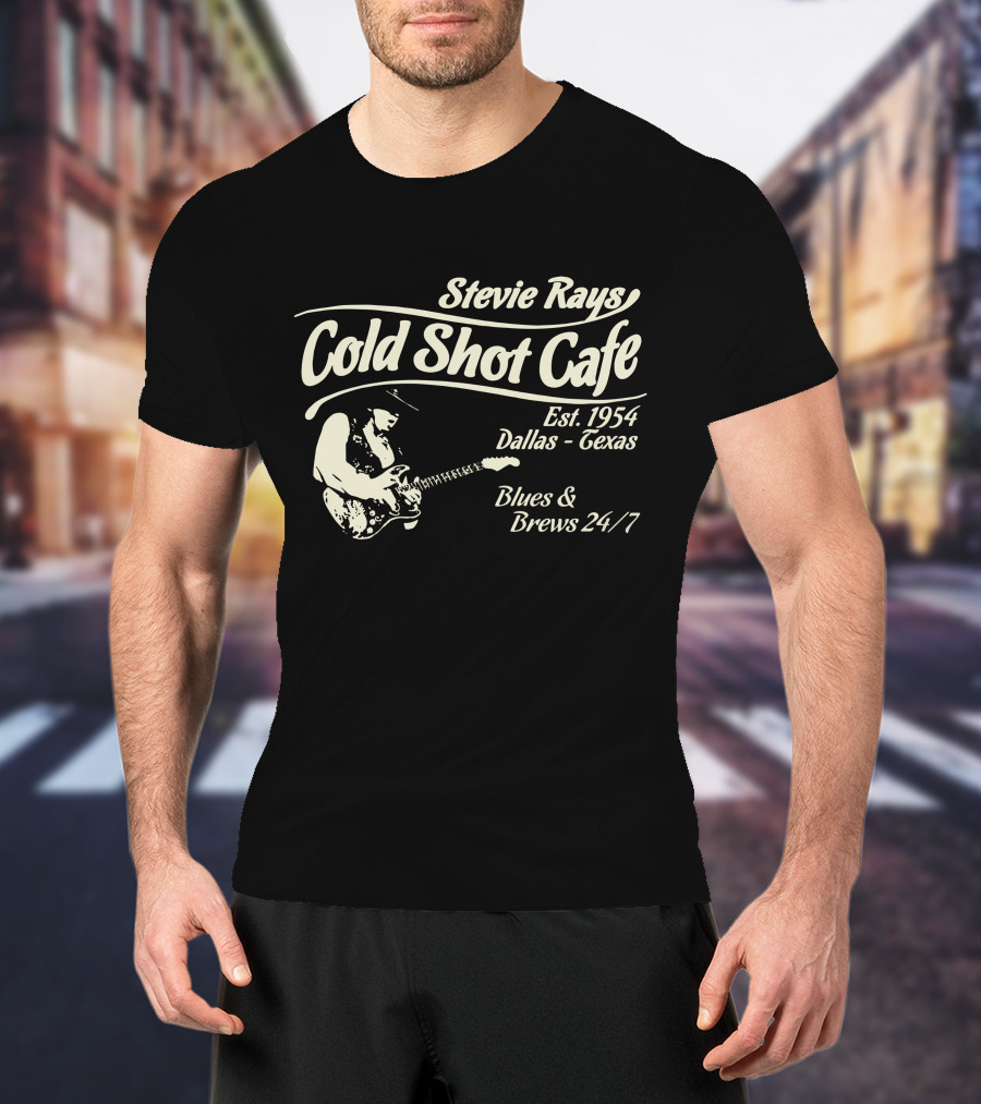 Stevie Rays Cold Shot Cafe Est. 1954 Dallas Texas Blues & Brews 24/7 T-Shirt