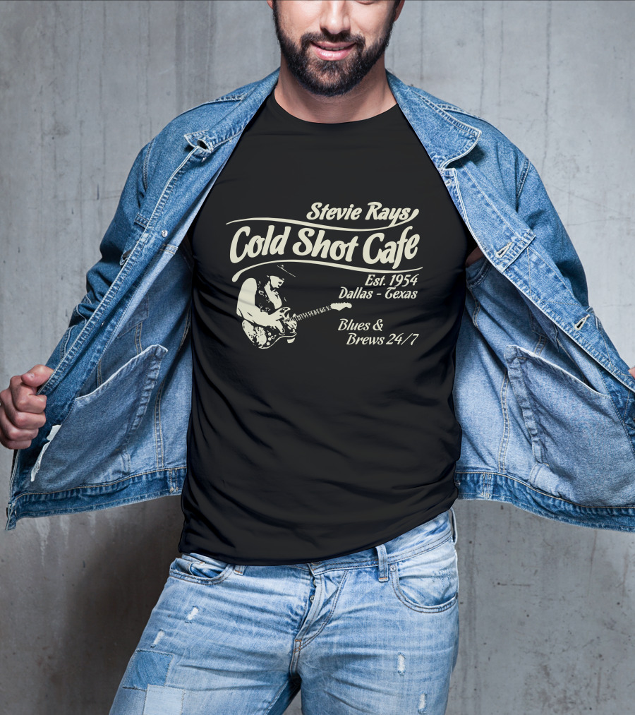 Stevie Rays Cold Shot Cafe Est. 1954 Dallas Texas Blues & Brews 24/7 T-Shirt