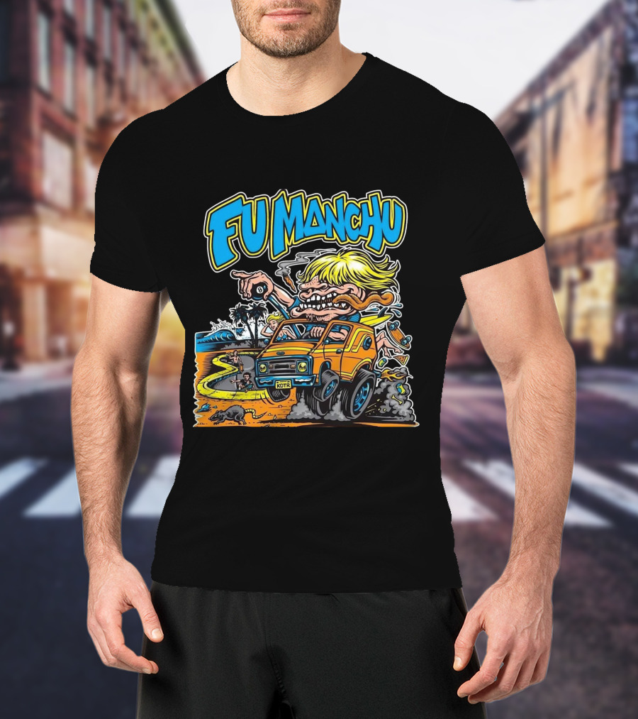 Fu Manchu Surf Adventure Vintage Car Beach Scene T-Shirt