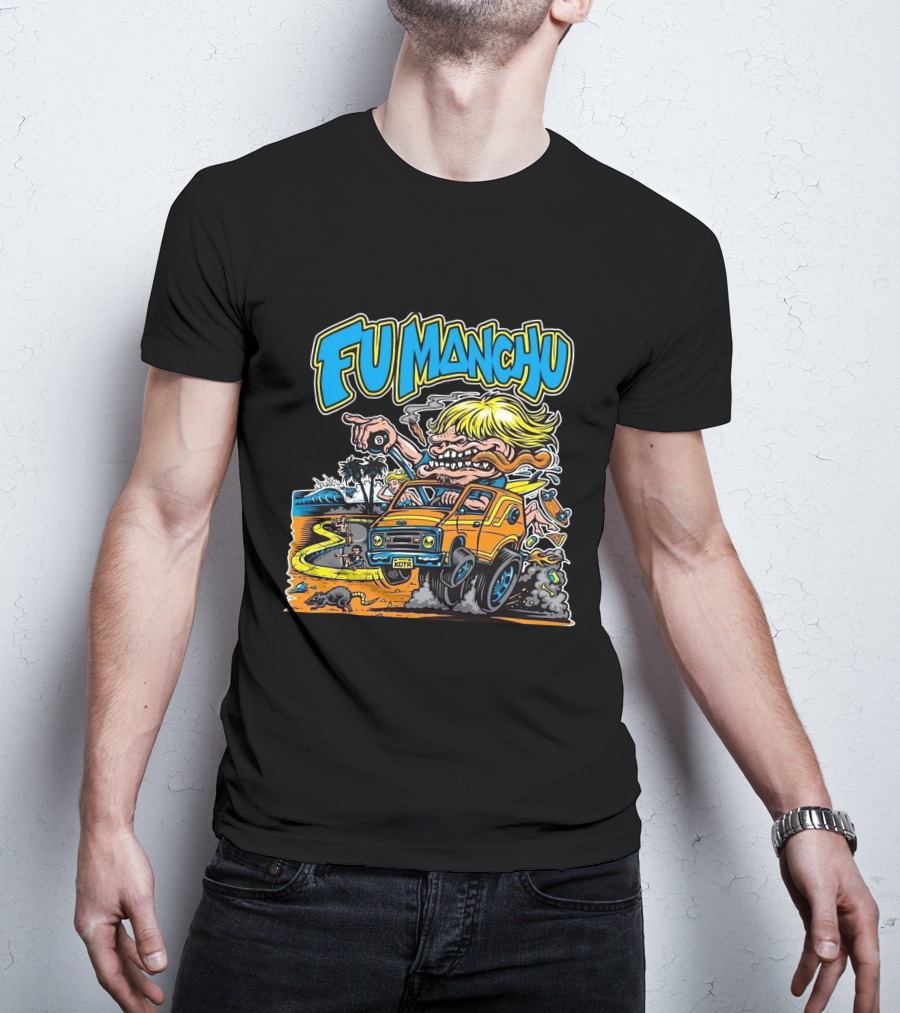 Fu Manchu Surf Adventure Vintage Car Beach Scene T-Shirt