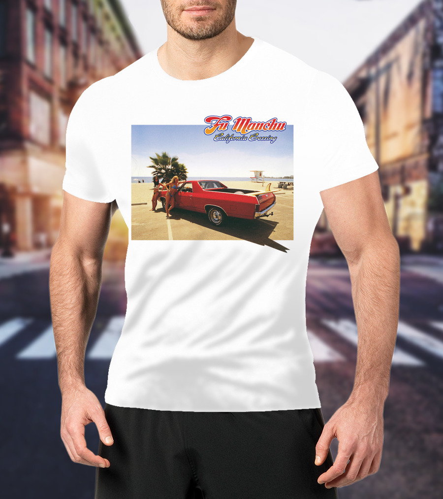 Fu Manchu California Crossing Red Car Beach Scene T-Shirt