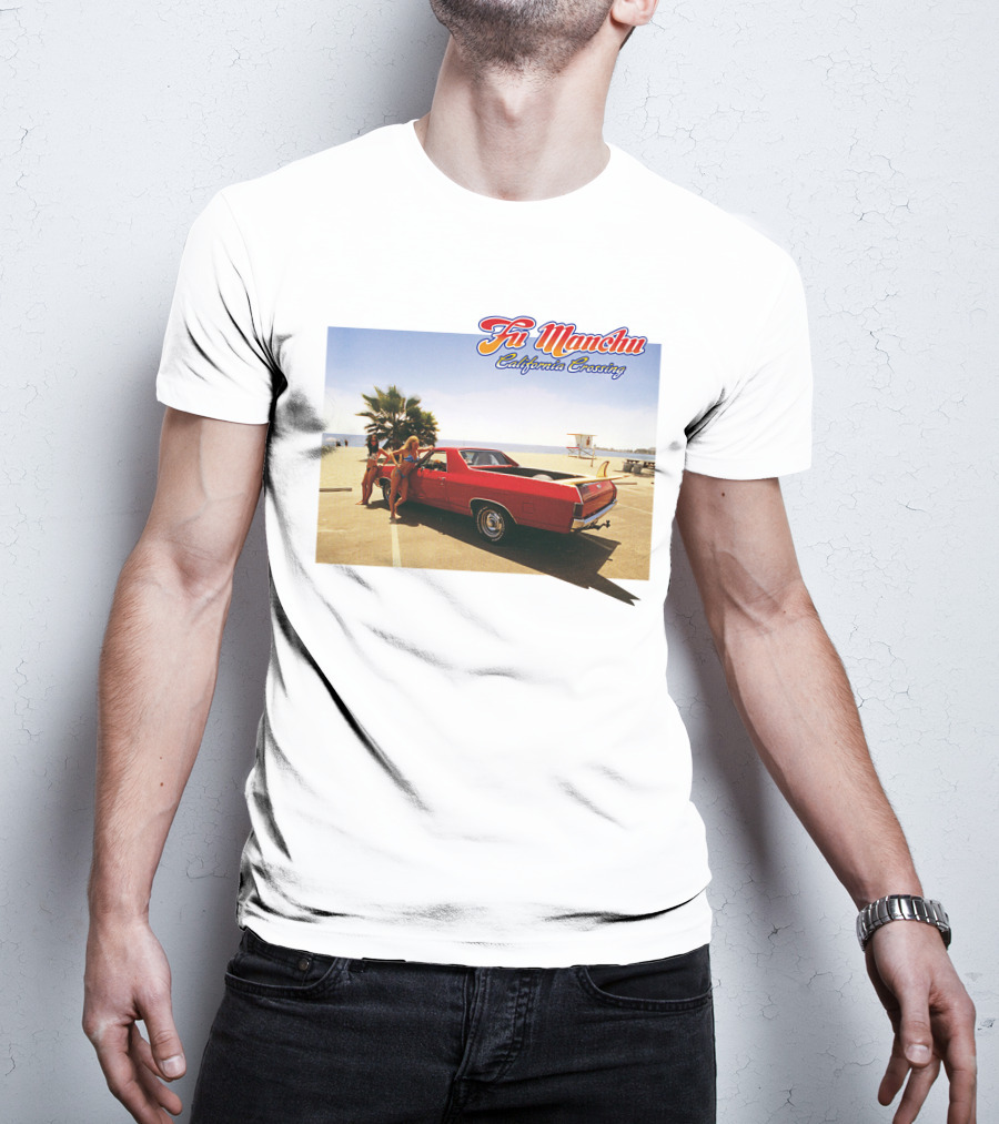 Fu Manchu California Crossing Red Car Beach Scene T-Shirt