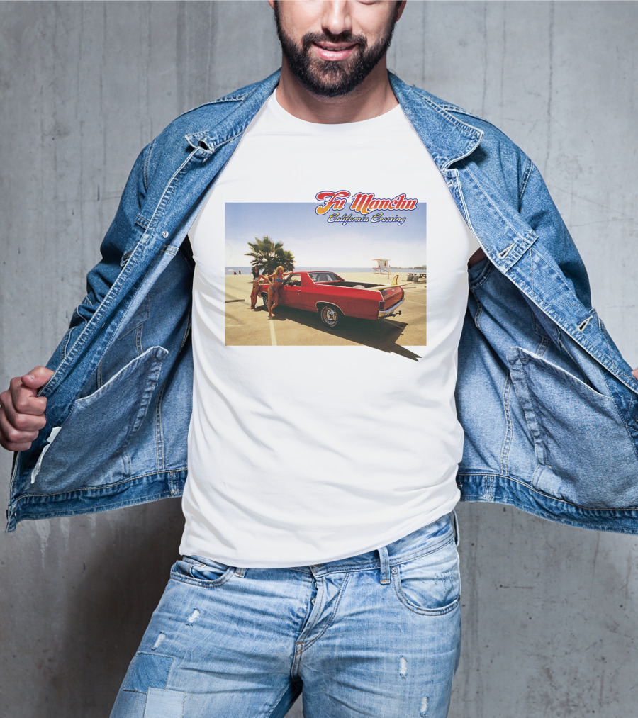 Fu Manchu California Crossing Red Car Beach Scene T-Shirt