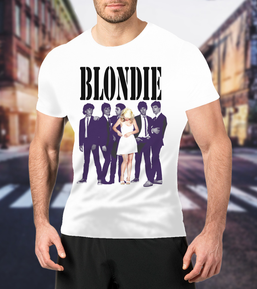 Blondie Band Classic Group Pose Black And White Borderline White Dress T-Shirt