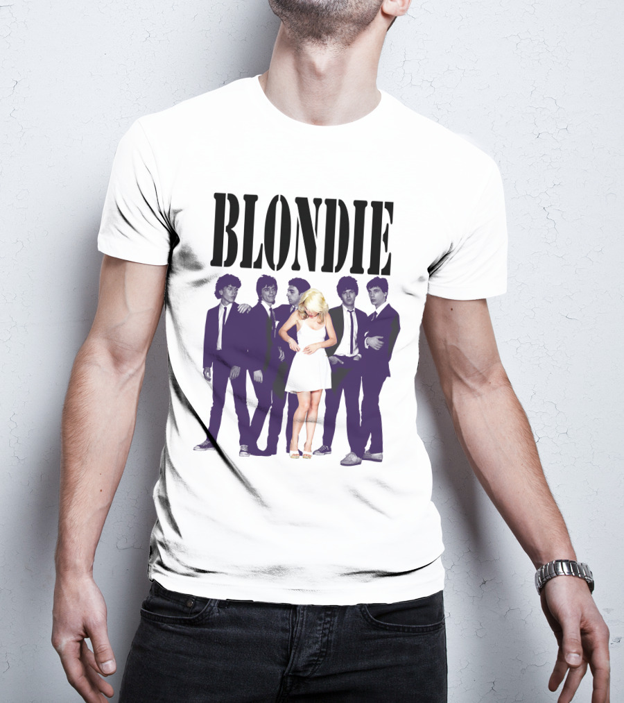 Blondie Band Classic Group Pose Black And White Borderline White Dress T-Shirt