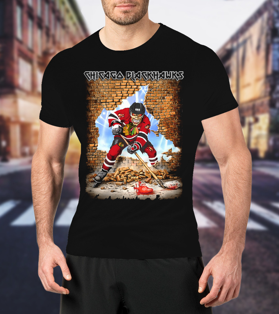 Chicago Blackhawks Zombie Hockey Player Breaking Through Wall T-Shirt