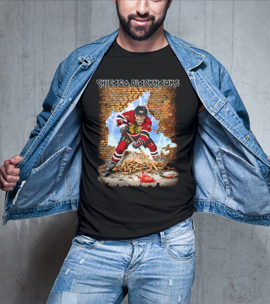 Chicago Blackhawks Zombie Hockey Player Breaking Through Wall T-Shirt