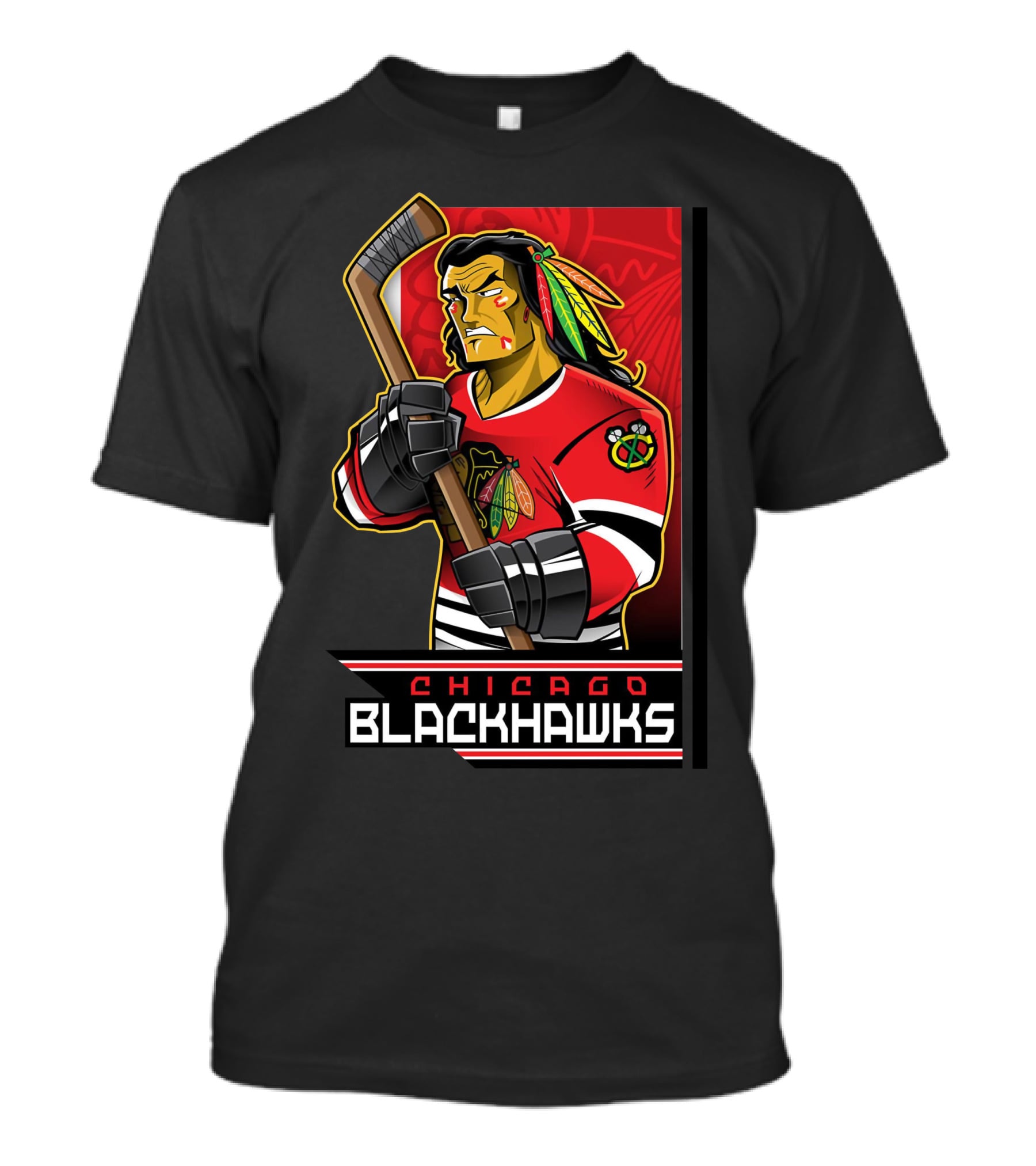 Chicago Blackhawks Hockey Player With Logo And Feathered Headdress T-Shirt