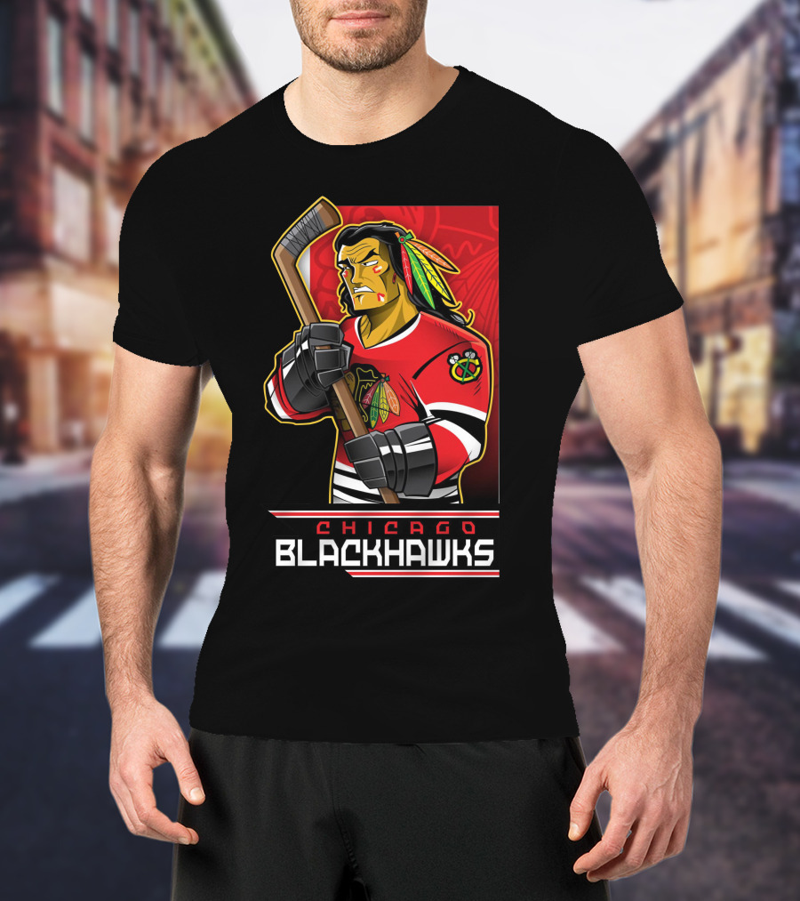 Chicago Blackhawks Hockey Player With Logo And Feathered Headdress T-Shirt