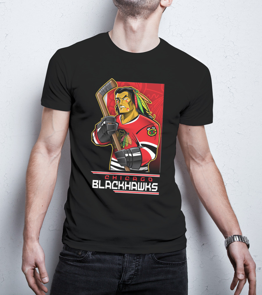 Chicago Blackhawks Hockey Player With Logo And Feathered Headdress T-Shirt