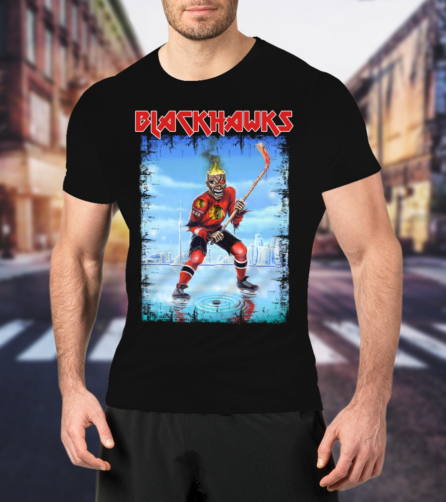 Blackhawks Hockey Player With Fiery Head And Stick T-Shirt