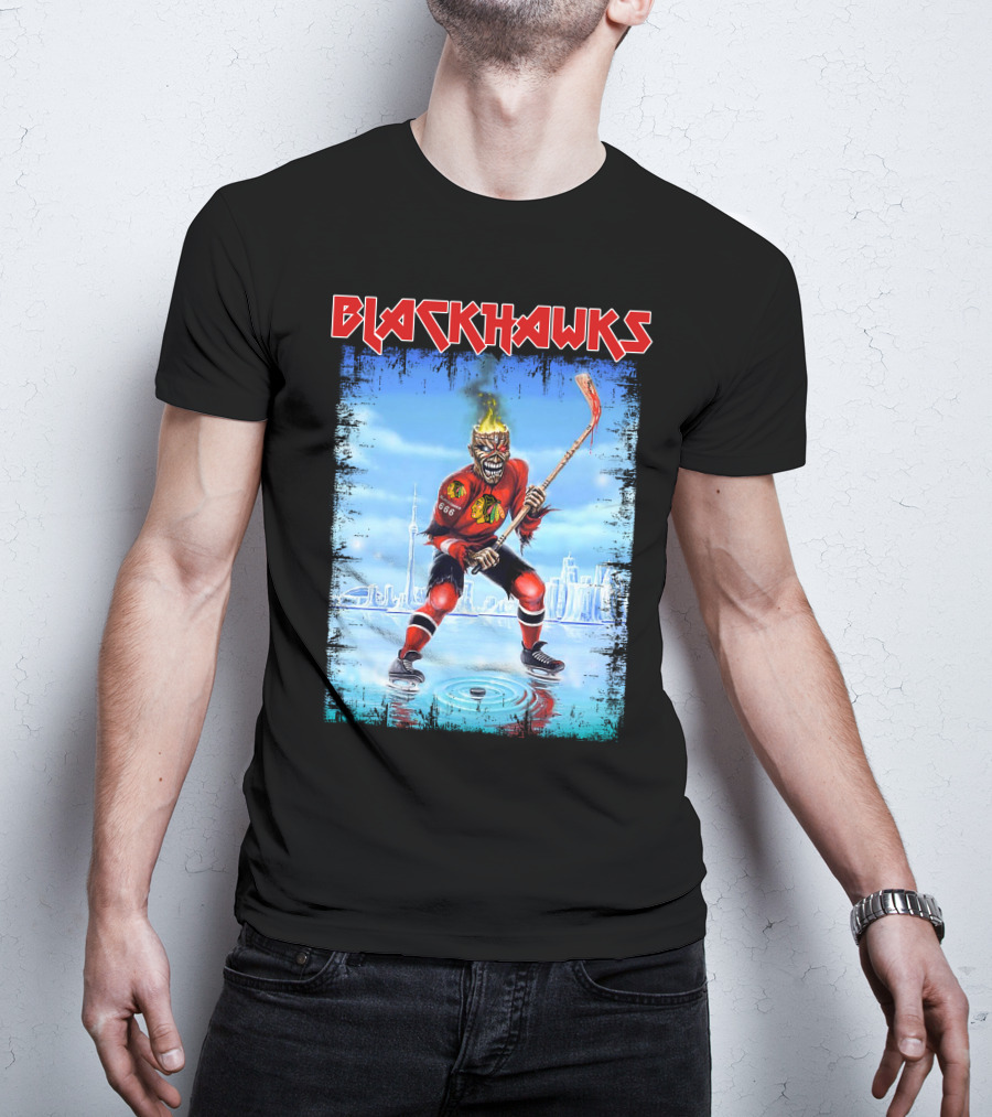 Blackhawks Hockey Player With Fiery Head And Stick T-Shirt