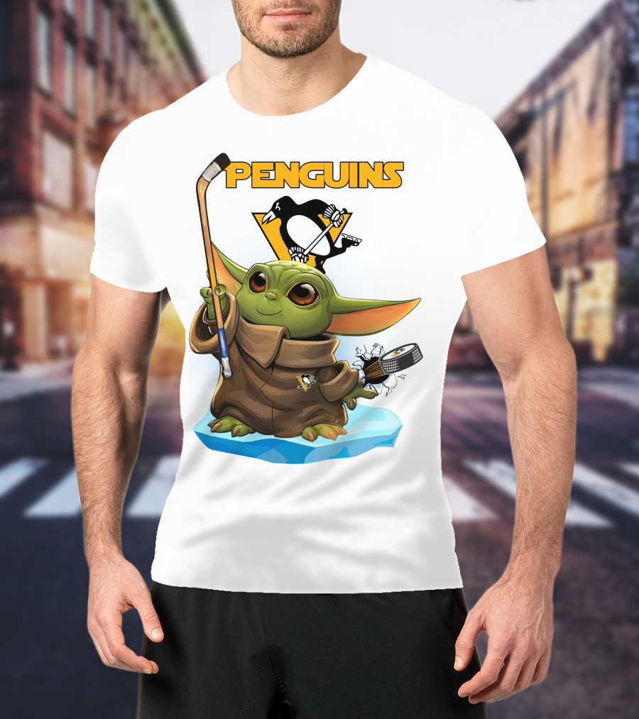 Baby Yoda Holding Hockey Stick With Pittsburgh Penguins T-Shirt