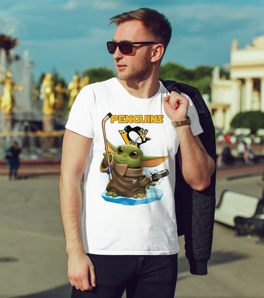 Baby Yoda Holding Hockey Stick With Pittsburgh Penguins T-Shirt