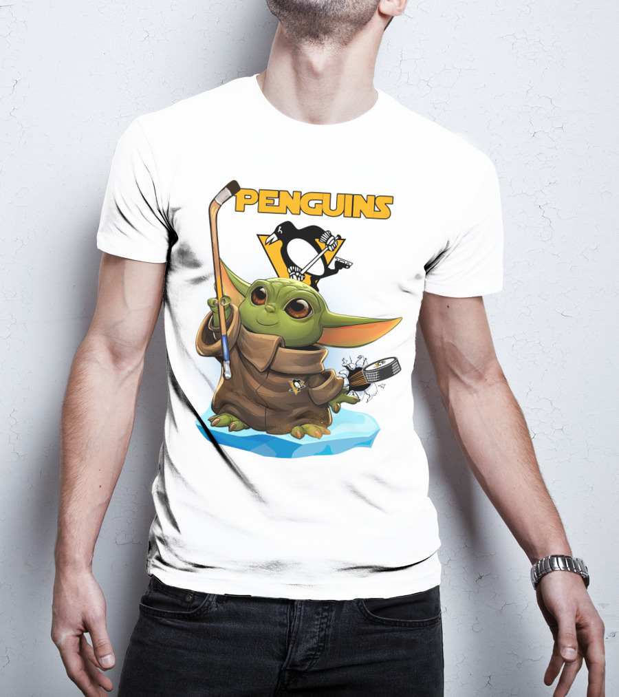 Baby Yoda Holding Hockey Stick With Pittsburgh Penguins T-Shirt