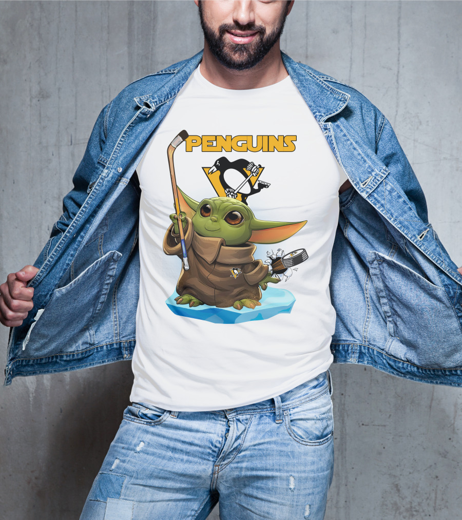 Baby Yoda Holding Hockey Stick With Pittsburgh Penguins T-Shirt