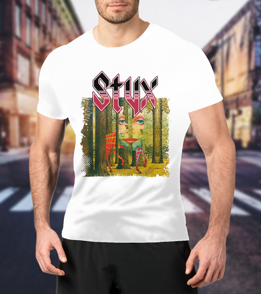 Styx Forest Face With Stylized Red Typography T-Shirt