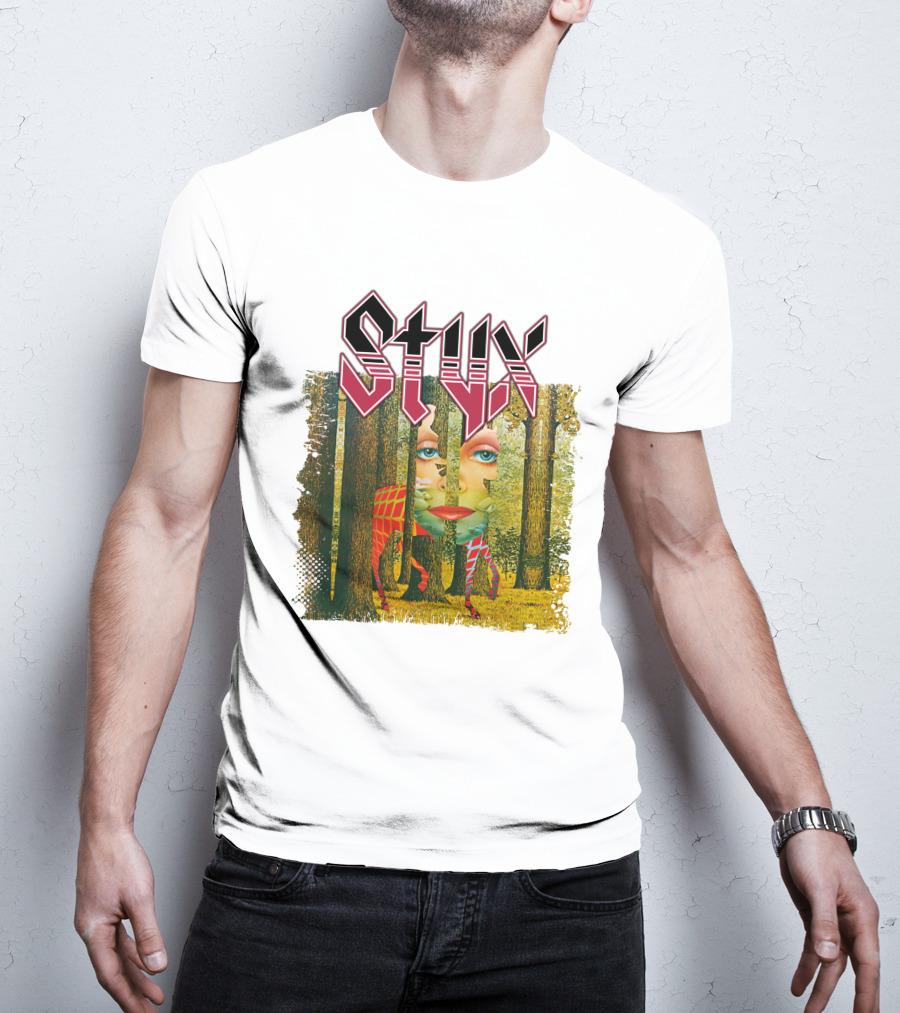Styx Forest Face With Stylized Red Typography T-Shirt