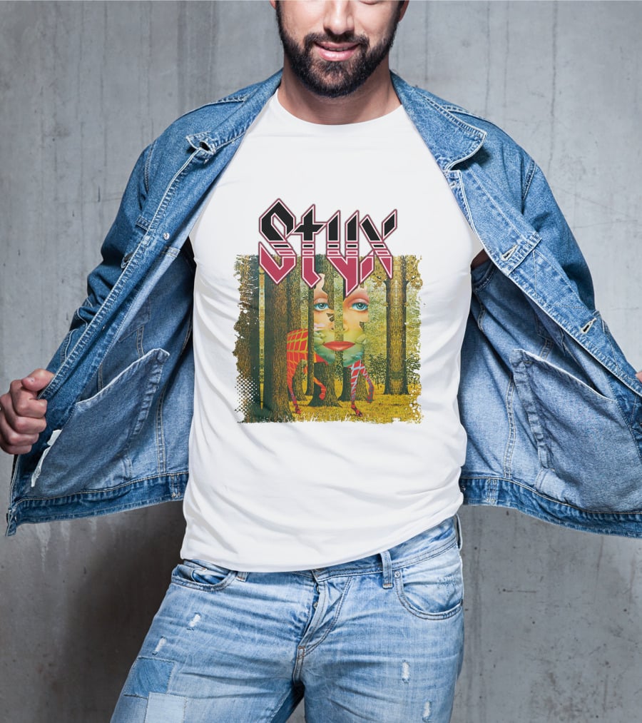 Styx Forest Face With Stylized Red Typography T-Shirt