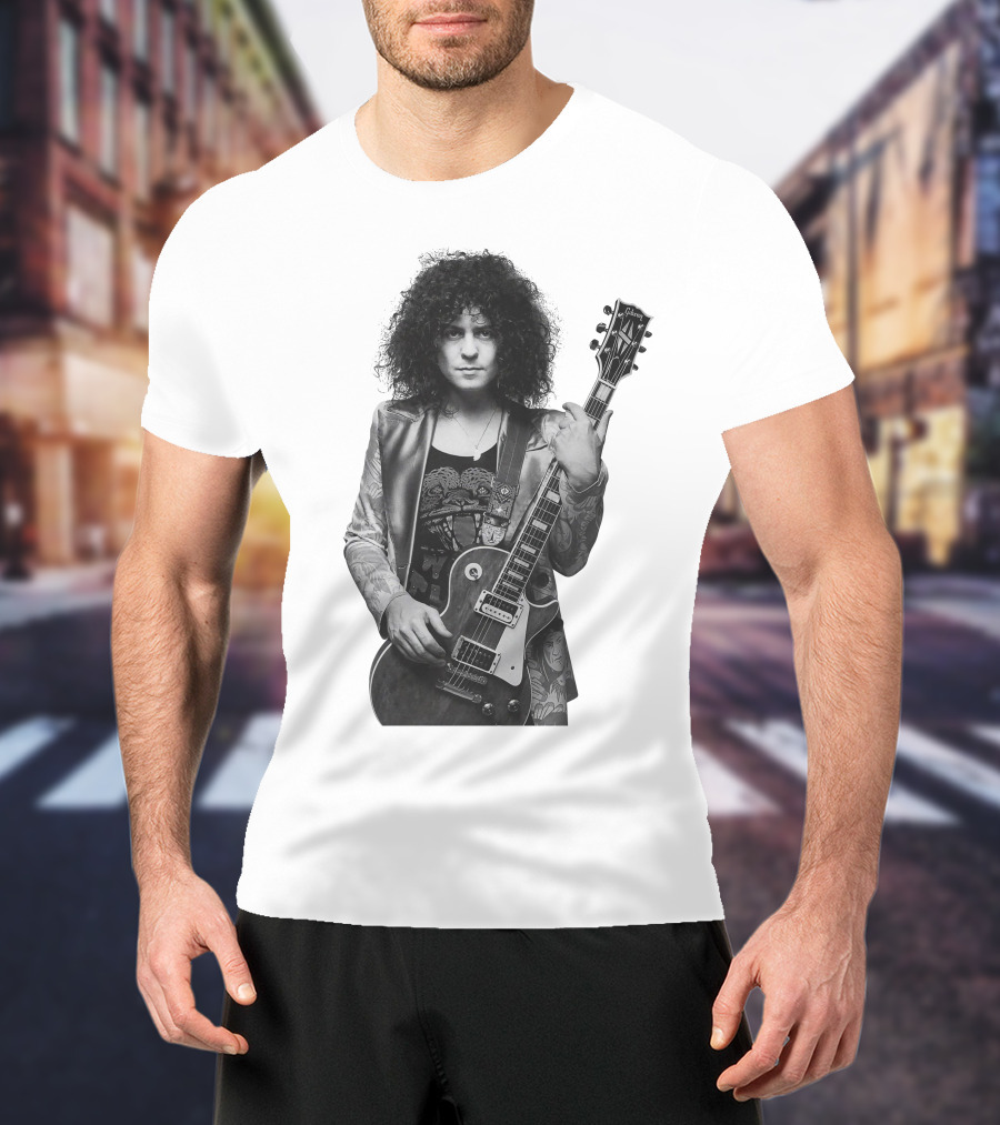 Marc Bolan With Gibson Les Paul Guitar Iconic Black And White T-Shirt
