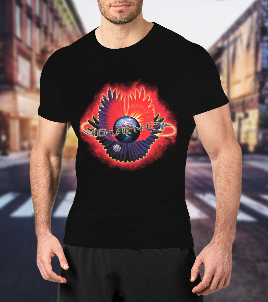 Journey Band Logo With Planet And Red-Blue Wings T-Shirt