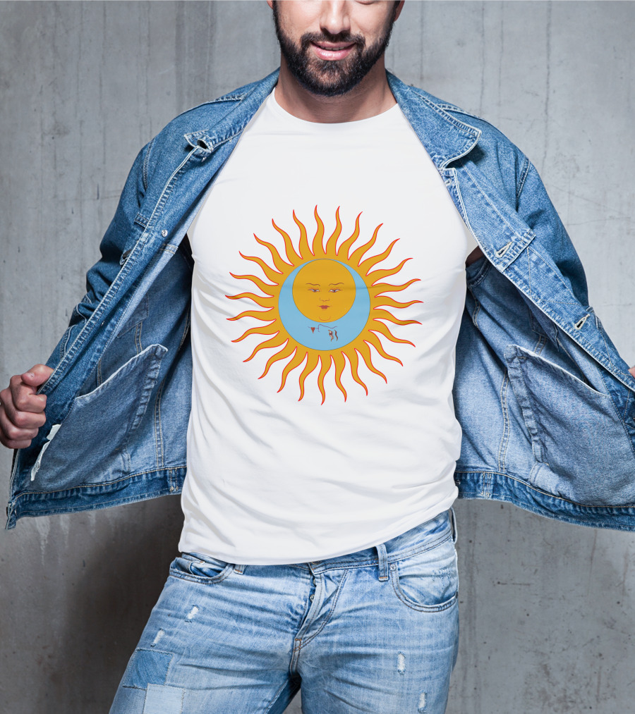 Crimson Red Sun Face Icon On Blue And Orange T-Shirt