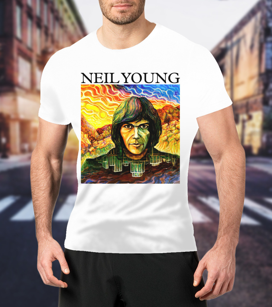Neil Young Vibrant Portrait And Cityscape Fusion T-Shirt