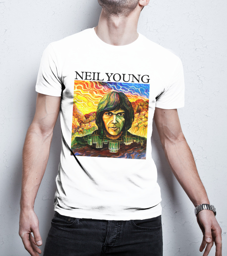 Neil Young Vibrant Portrait And Cityscape Fusion T-Shirt