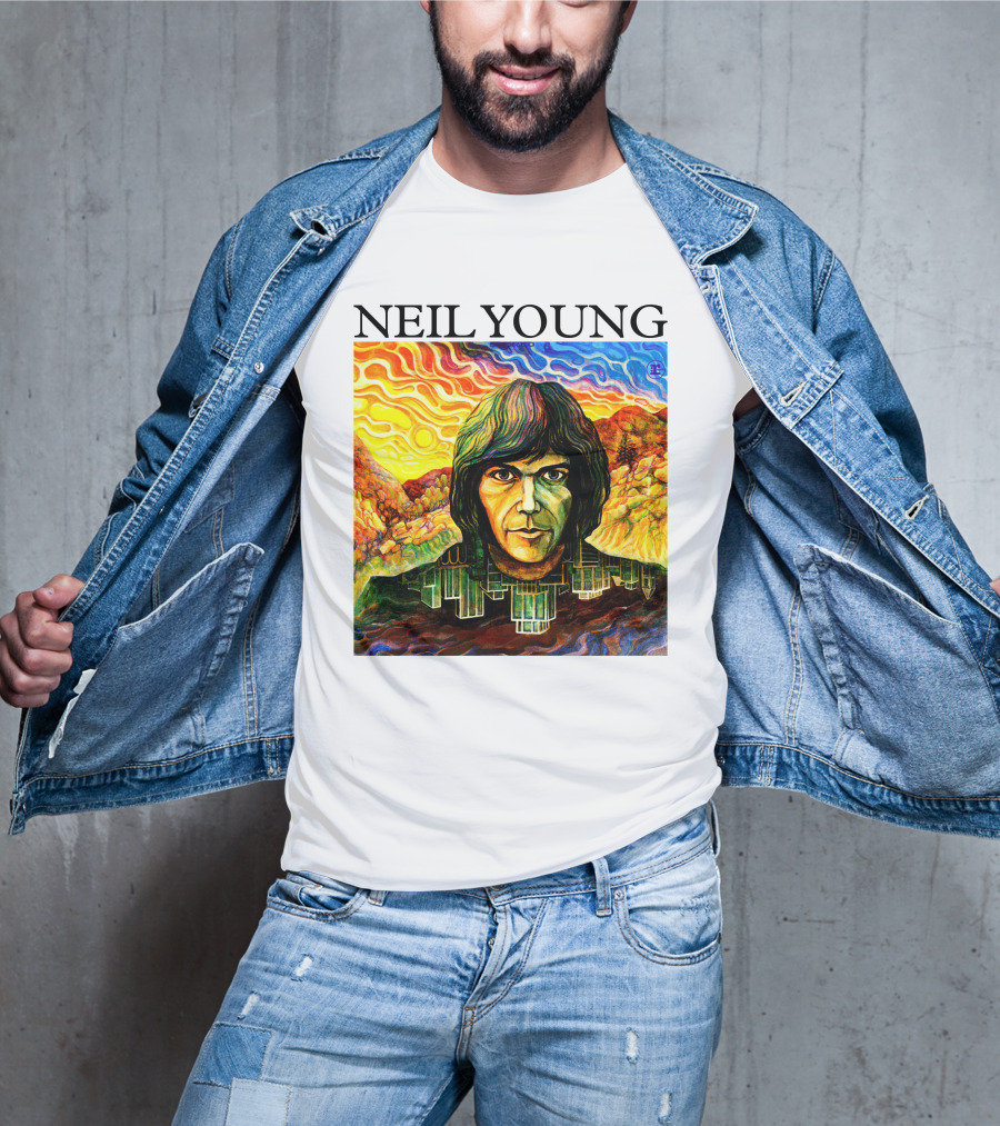 Neil Young Vibrant Portrait And Cityscape Fusion T-Shirt