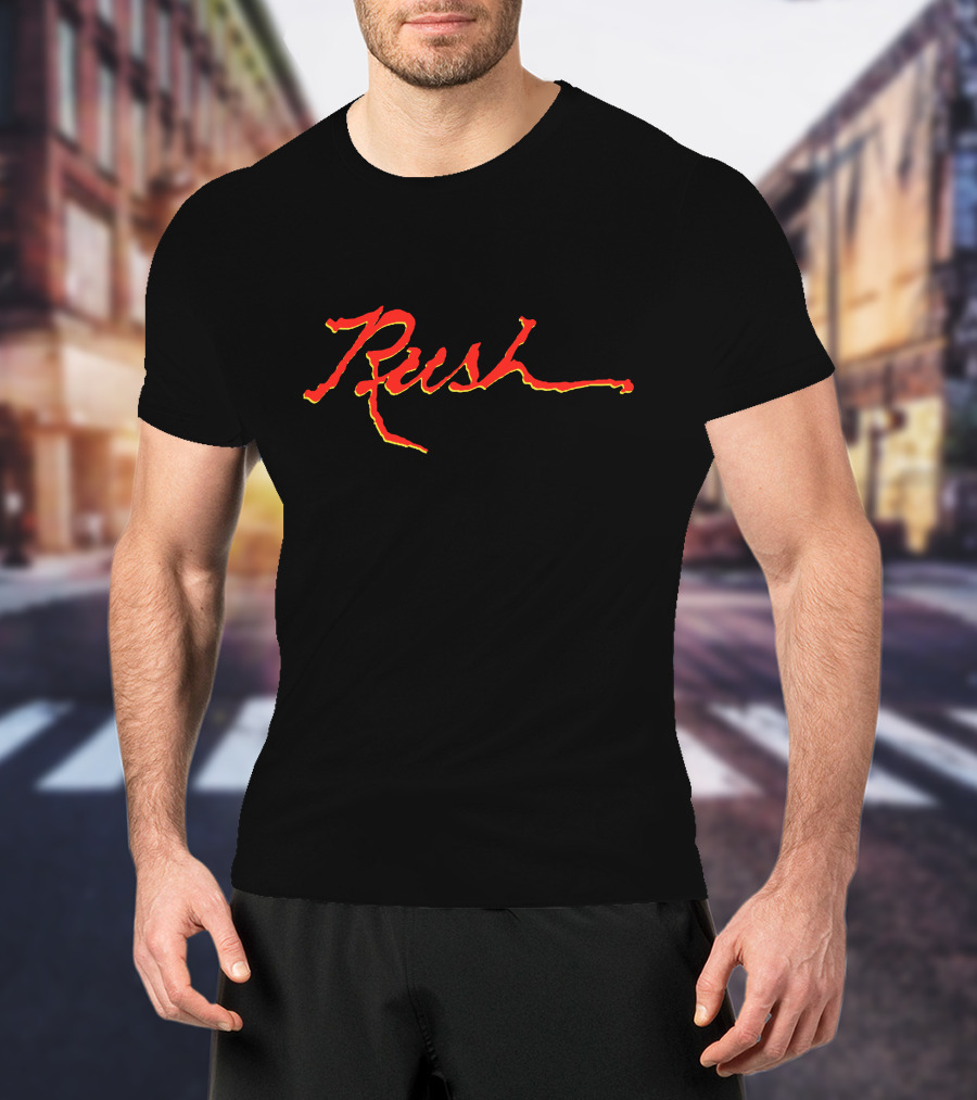 Rush Band Stylized Red And Yellow Script T-Shirt