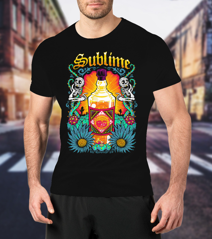 Sublime Skeletons And Cactus With Bottle Sunburst T-Shirt