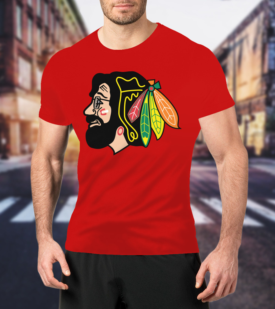 Chicago Blackhawks 1 Portrait With Feathered Headdress On Red T-Shirt