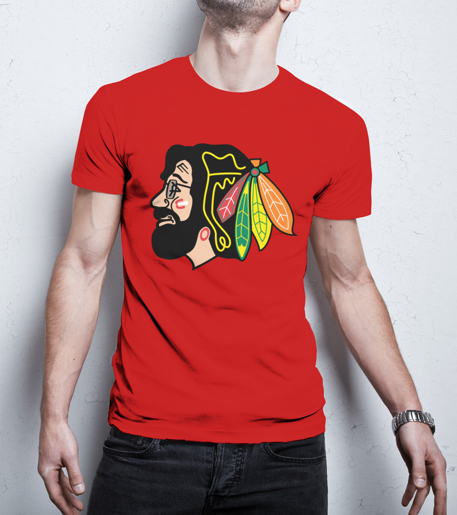 Chicago Blackhawks 1 Portrait With Feathered Headdress On Red T-Shirt