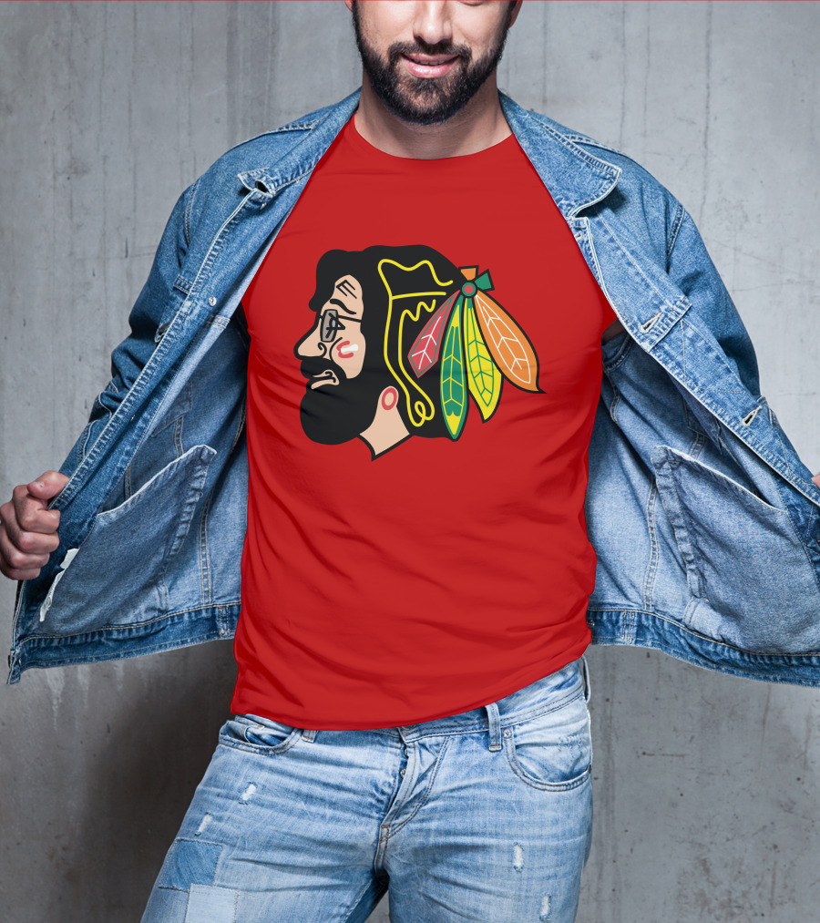 Chicago Blackhawks 1 Portrait With Feathered Headdress On Red T-Shirt