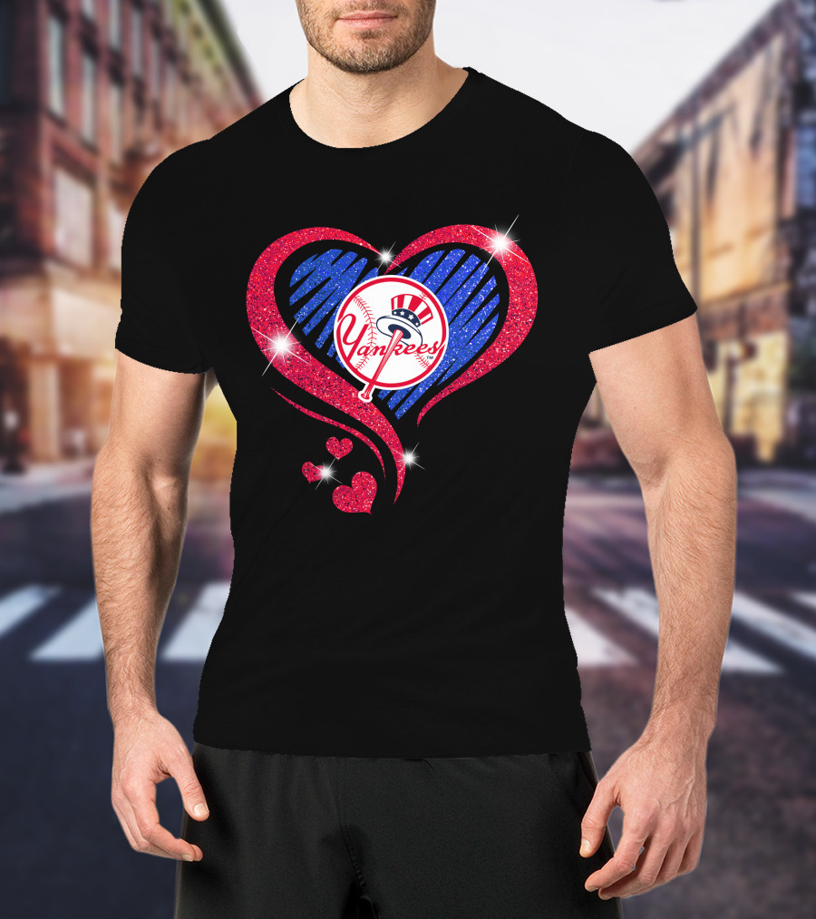 Yankees Shimmering Heart Design With Baseball Logo And Sparkling Red And Blue Elements T-Shirt