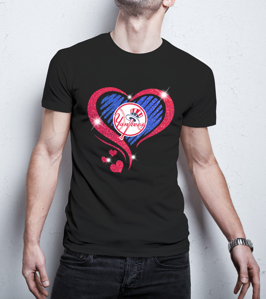 Yankees Shimmering Heart Design With Baseball Logo And Sparkling Red And Blue Elements T-Shirt