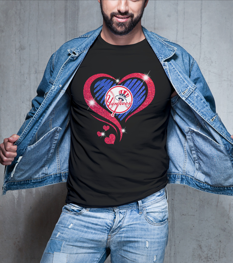 Yankees Shimmering Heart Design With Baseball Logo And Sparkling Red And Blue Elements T-Shirt