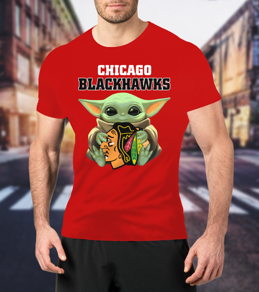 Chicago Blackhawks Baby Yoda Hugging Team T-Shirt