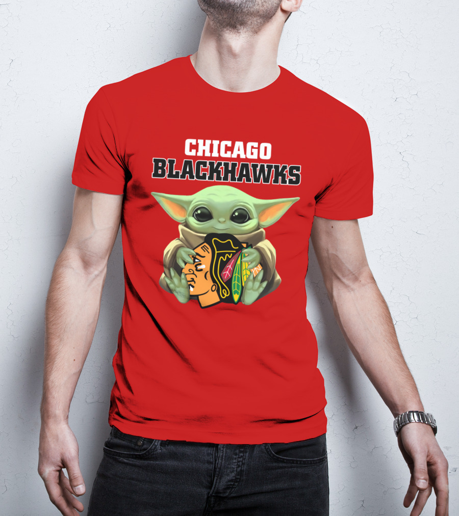 Chicago Blackhawks Baby Yoda Hugging Team T-Shirt