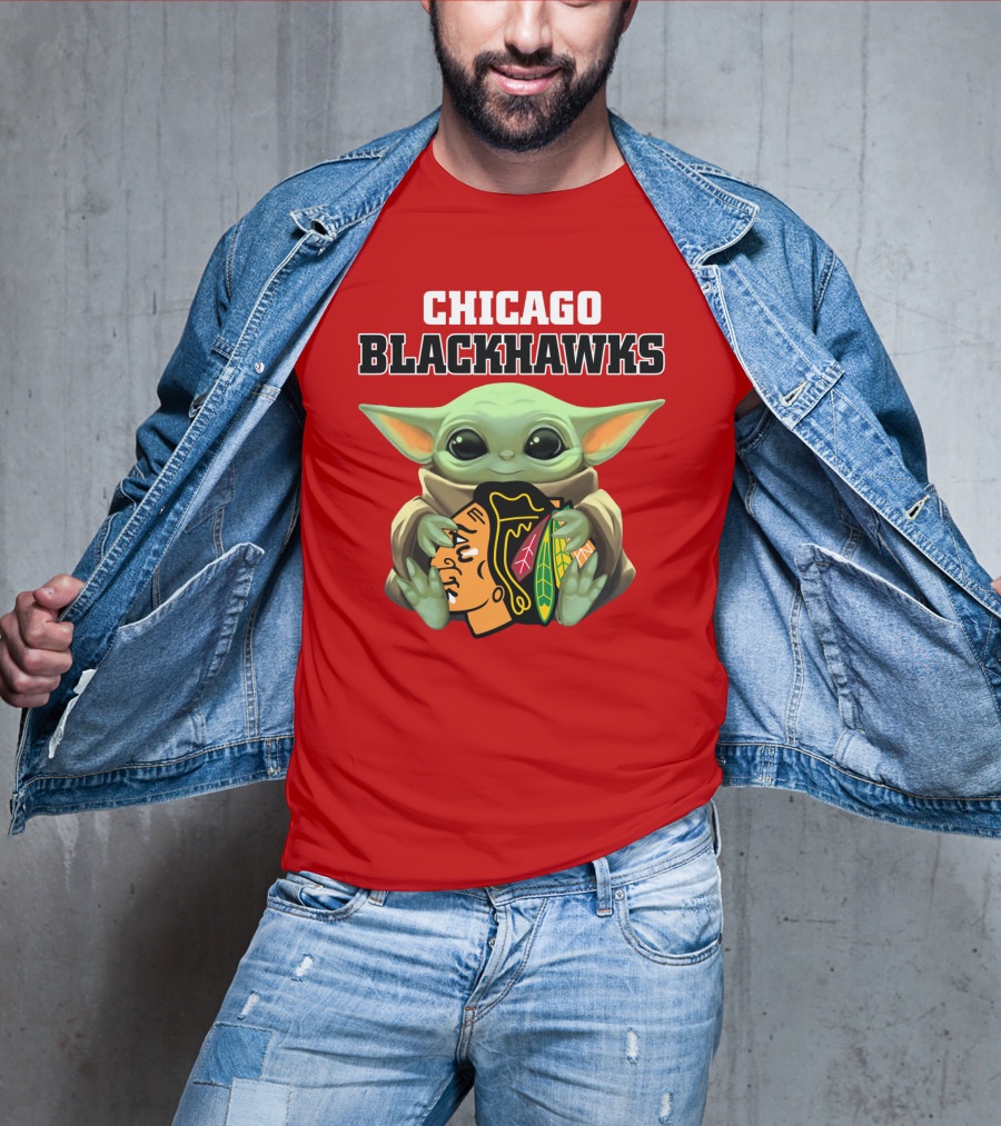 Chicago Blackhawks Baby Yoda Hugging Team T-Shirt